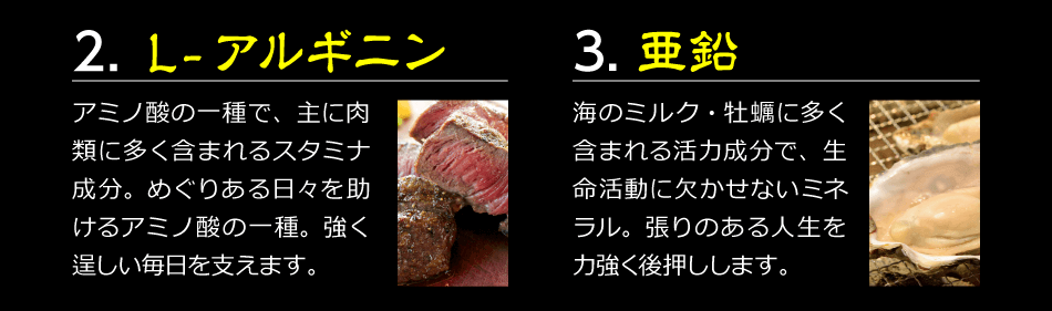 2.Ｌ-アルギニン　アミノ酸の一種で、主に肉類に多く含まれるスタミナ成分。めぐりある日々を助けるアミノ酸の一種。強く逞しい毎日を支えます。　3.亜鉛　海のミルク・牡蠣に多く含まれる活力成分で、生命活動に欠かせないミネラル。張りのある人生を力強く後押しします。