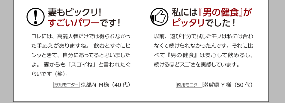 妻もビックリ！すごいパワーです！ コレには、高麗人参だけでは得られなかった手応えがありますね。飲むとすぐにピンッときて、自分にあってると思いましたよ。妻からも「スゴイね」と言われたぐらいです（笑）。 飲用モニター　京都府 Ｍ様（40代）　　私には『男の健食』がピッタリでした！ 以前、遊び半分で試したモノは私には合わなくて続けられなかったんです。それに比べて『男の健食』は安心して飲めるし、続けるほどスゴさを実感しています。飲用モニター　滋賀県 Y様（50代）