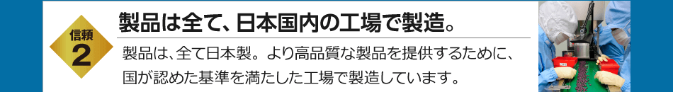 信頼2　製品は全て、日本国内の工場で製造。　製品は、全て日本製。より高品質は製品を提供するために、国が認めた基準を満たした工場で製造しています。