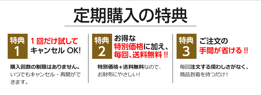 定期購入3つの特典　特典1　1回だけ試してキャンセルOK! 購入回数の制限はありません。いつでもキャンセル・再開ができます。　特典2　お得な特別価格に加え、毎回、送料無料!! 特別価格＋送料無料なので、お財布にやさしい！　特典3　ご注文の手間が省ける!! 毎回注文する煩わしさがなく、商品到着を待つだけ！