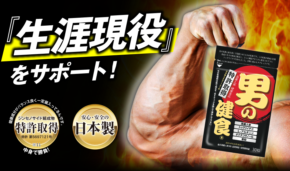 『生涯現役をサポート！高麗人参 健康食品『男の健食』　有用成分がバランス良く一定量入ってるんです。　有用成分の組成　特許取得　特許 第5697121号　中身で勝負！　安心・安全の日本製