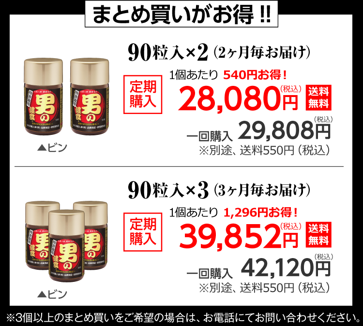 90粒入×2　定期購入（2ヶ月毎お届け）28,080円（税込）送料無料/　一回購入29,808円（税込）別途、送料540円　90粒入×3　定期購入（毎月お届け）39,852円（税込）送料無料/　一回購入42,120円（税込）別途、送料540円 ※3個以上のまとめ買いをご希望の場合は、お電話にてお問い合わせください。